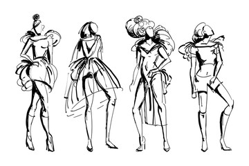 Stylish fashion models set. Abstract stylized female figures. Ink grunge sketch style. Isolated objects on white background. Vector illustration