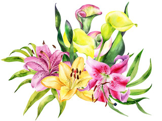 Bouquet of watercolor lily, red, pink lilly and yellow calla flowers on an isolated white background, watercolor flower, stock illustration. Card, postcard, greeting, invitation.
