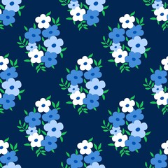 Floral pattern with small flowers bouquet of blue flowers on dark background. Seamless abstract design. Ditsy print for fashion dress textile, wallpaper and home decor.