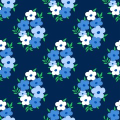 Floral pattern with small flowers bouquet of blue flowers on dark background. Seamless abstract design. Ditsy print for fashion dress textile, wallpaper and home decor.