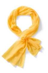 Subject shot of a yellow scarf made of semi-transparent viscose fabric. The tied scarf is isolated on the white background.  