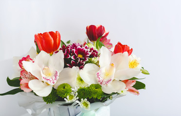Bouquet of colorful spring flowers on white background with copy space. Bouquet of tulips, orchids, chrysanthemums flowers for Mothers Day, Valentine Day, birthday concept, Hello spring