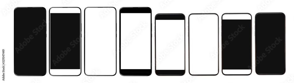Poster set blank screen smartphone mockup isolated with clipping path on white background.