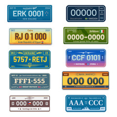 Set of car number plates of Europe, UK, America