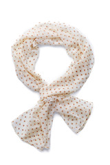 Subject shot of an ivory viscose scarf with a beige polka-dot print. The tied semi-transparent scarf is isolated on the white background.  