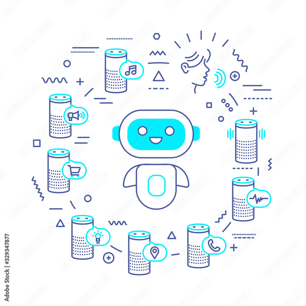 Poster smart speaker web banner. personal voice assistant, talk recognition. infographics with linear icons