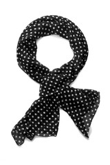 Subject shot of a black viscose scarf with a white polka-dot print. The tied semi-transparent scarf is isolated on the white background.  