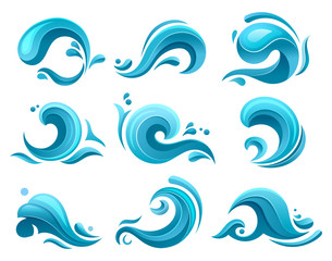Flat cartoon water waves, ocean and sea splashes