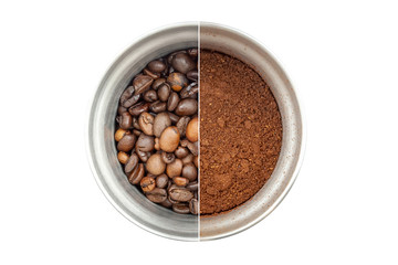 Collage of two photos of a steel coffee grinder, top view: with whole coffee beans and with ground coffee. Isolated on white background