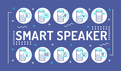 Smart speaker word lettering typography. Personal voice assistant, talk recognition. Infographics with linear icons on blue background. Creative idea concept. Isolated outline color illustration