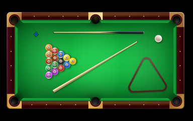 American Pool table with pool cue and glossy balls and other equipment. Vector realistic 3D detailed colorful illustration.