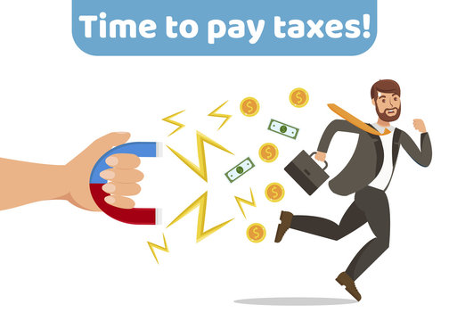 Time to Pay Taxes Abstract Banner Vector Concept. Taxpayer, Businessman Running Away Cartoon Character. Hand Holding Cash Magnet, Money Loss. Financial Obligations, Taxation Slavery Flat Illustration