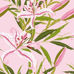 Cotton fabric Beautiful outline Floral pattern lily flowers. Botanical Motifs random. Seamless texture. For fashion prints. Pink background.