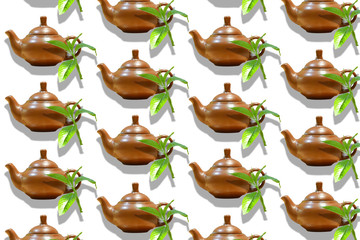 teapot pattern with a tea leaf on a white background
