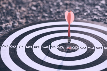 Businessman standing lookup red dart arrow hitting target centre dartboard on sunset background....