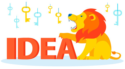 Angry Lion Guarding, Defending Idea Illustration. Mental Obstacle, Fears in Front of Success, Profit. Phobia, Anxiety of Trying Something New. Keys Hanging on Strings from Ceiling Vector