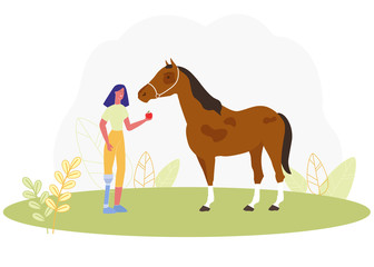 Cartoon Woman with Prosthetic Leg Feed Apple to Horse Vector Illustration. Girl with Prosthesis Limb Foot. Horseriding Lesson. Disabled Rehabilitation, Handicapped Recovery. Animal Farm Rehab