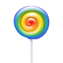 Colorful rainbow lollipop - sweet hard candy on stick.