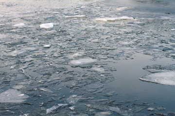 floating ice floes on the river in the spring season. Ice melts on the river.