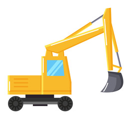 Digger machinery or bulldozer with shovel bucket. Excavator isolated icon, transportation for mining industry and excavation works. Machine with wheels and platform for construction, vector in flat