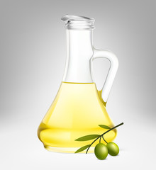 Olive oil jug and olives with leafs. Realistic vector illustration isolated on white background. Ready for your design. EPS10.