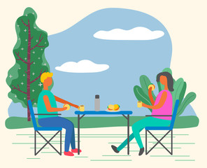 Woman and man have picnic outdoor in forest. Couple spend leisure time on fresh air sitting on garden chairs by table. People eating food like hamburgers. Summer activity, camping. Vector illustration