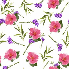 Cute Floral pattern with pink flowers. Motifs scattered random. Seamless texture. 