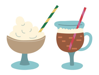 Collection of hot beverages of coffeehouse. Menu of cafe or restaurant. Glass with latte or glace served with straws. Cappuccino in bar with flavor. Aromatic fresh drinks or desserts, vector in flat