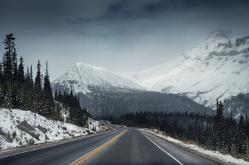 Scenic highway road trip with snow mountain in gloomy at Icefields Parkway