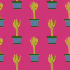 Cute cactus in pot seamless pattern on pink background.