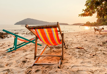 Sunset on tropical island, with beach lounges on sand, wild dogs and ocean view. Relaxing day in South Asia with swimming and deck chairs