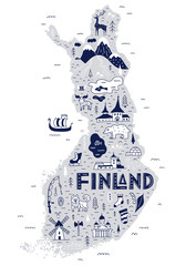 Touristic map of Finland hand-drawn in doodle style. The main symbols and attractions of the country with lettering. Vector illustration in Scandinavian style. Travel poster.