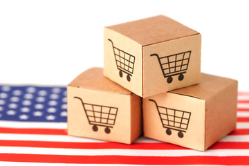 Box with shopping cart logo and USA America flag : Import Export Shopping online or eCommerce finance delivery service store product shipping, trade, supplier concept.