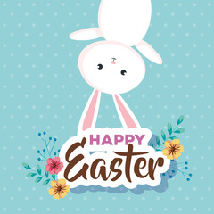 Obraz na płótnie Canvas happy easter card with rabbit and flowers vector illustration design