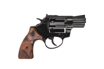 Small black gun revolver isolate on white background. Pocket pistol for self-defense. Ladies' revolver. Spy Weapon.