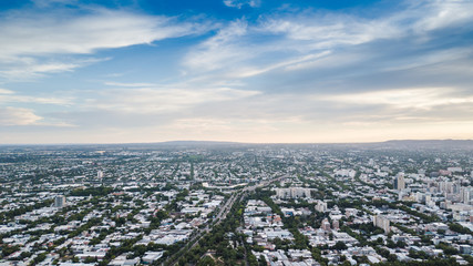 Aerial view of city on sunset