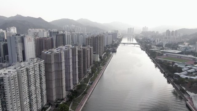 Hong Kong City One residential precinct buildings with Shing Mun river, Aerial view