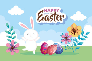 happy easter card with eggs decorated and rabbit vector illustration design