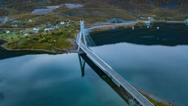 Kåfjord bridge (Kåfjordbrua) in Kåfjord, Alta, Finnmark, Norway. This bridge spans above the calm blue waters of the fjord, right where the German battleship Tirpitz was stationed during World War II.