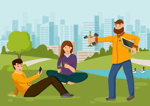 Cartoon Man Give Portable Solar Charger Station To People Sitting With Mobile Phones On Grass Lawn Vector Illustration. Charge Digital Gadget With Solar Battery Device. Eco Green Technology