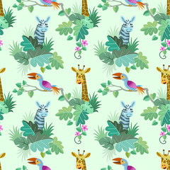 Cute giraffe zebra and toucan bird seamless pattern.