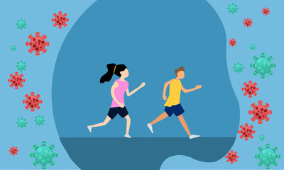 Young adult people  running,humen protect virus flat design.