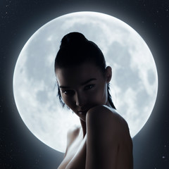 Fine Art Fashion Studio Portrait of Woman at Full Moon