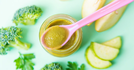 baby food in small jars. Selective focus.