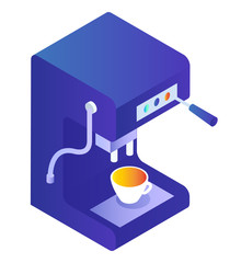 Coffee machine pouring aroma beverage to cup. Modern kitchen or restaurant appliance making drink in mug. 3d view of blue electronic equipment or cafeteria maker bowl symbol on white vector, isometric