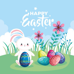 happy easter card with eggs decorated and rabbit vector illustration design