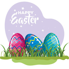 happy easter card with eggs decorated in grass vector illustration design