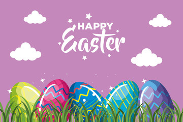 happy easter card with eggs decorated in grass vector illustration design