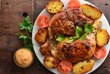 Fried chicken thigh, baked chicken leg. Top view. Dark background. Plate on a wooden board. Baked potatoes, tomatoes and chicken, a delicious lunch.