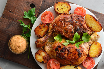 Fried chicken thigh, baked chicken leg. Top view. Dark background. Plate on a wooden board. Baked potatoes, tomatoes and chicken, a delicious lunch.